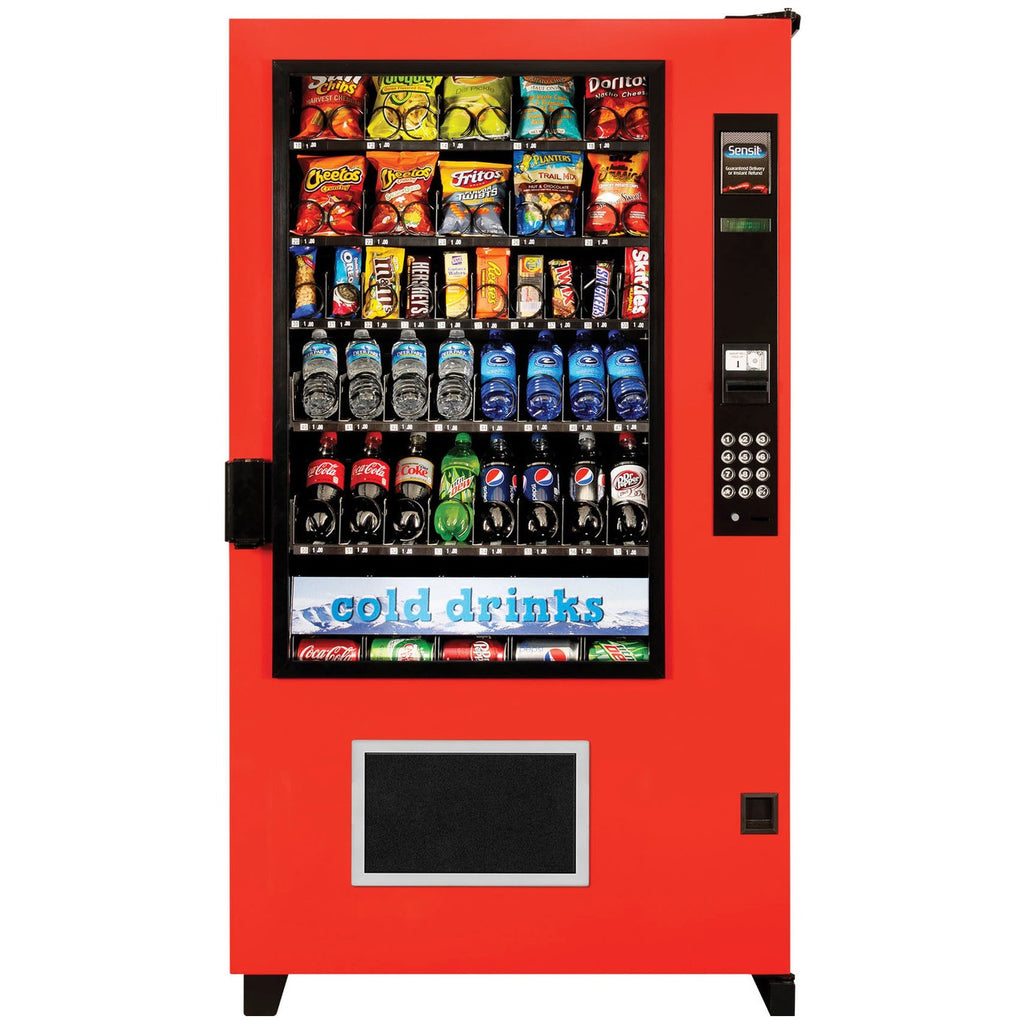 Front view of the AMS 39 Outdoor Drink and Snack Combo Vending Machine in red color