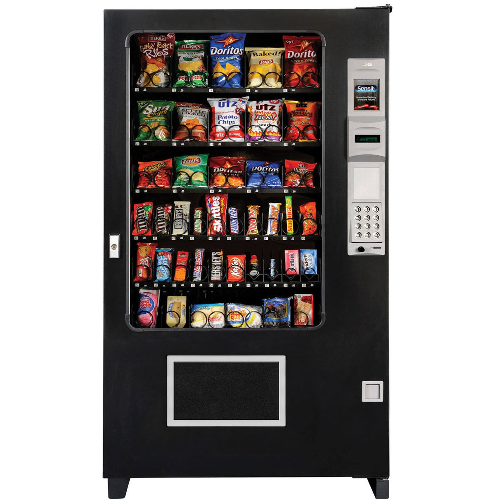 Front view of AMS 39 snack and candy vending machine in black