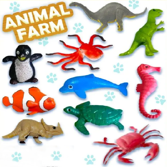 Display card for Animal Farm 1" Capsules. Mix includes: dinosaur, t-rex, penguin, octopus, clown fish, blue dolphin, pink sea horse, triceratops, green sea turtle and dungeness crab.