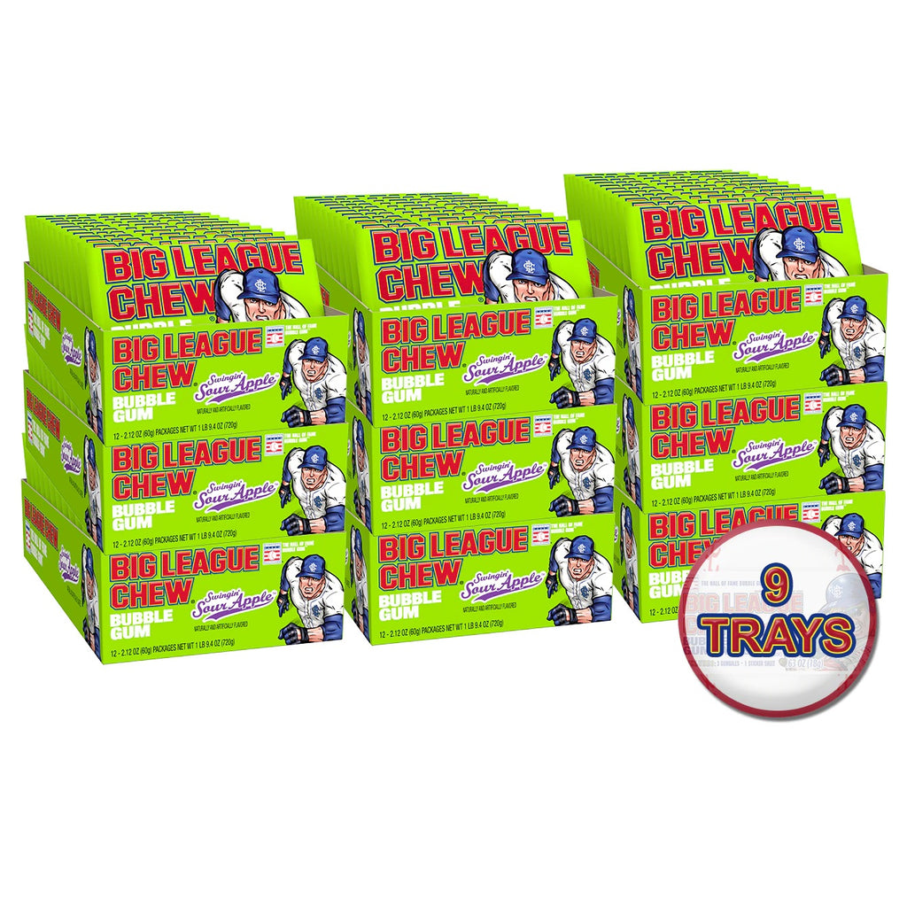 9 trays, 108 pouches, of Big League Chew Sour Apple flavor 