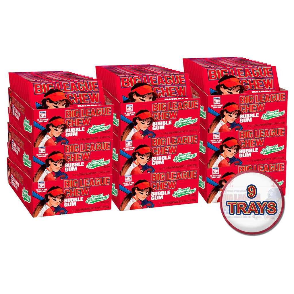 9 trays, 108 pouches, of Big League Chew Strawberry flavor 