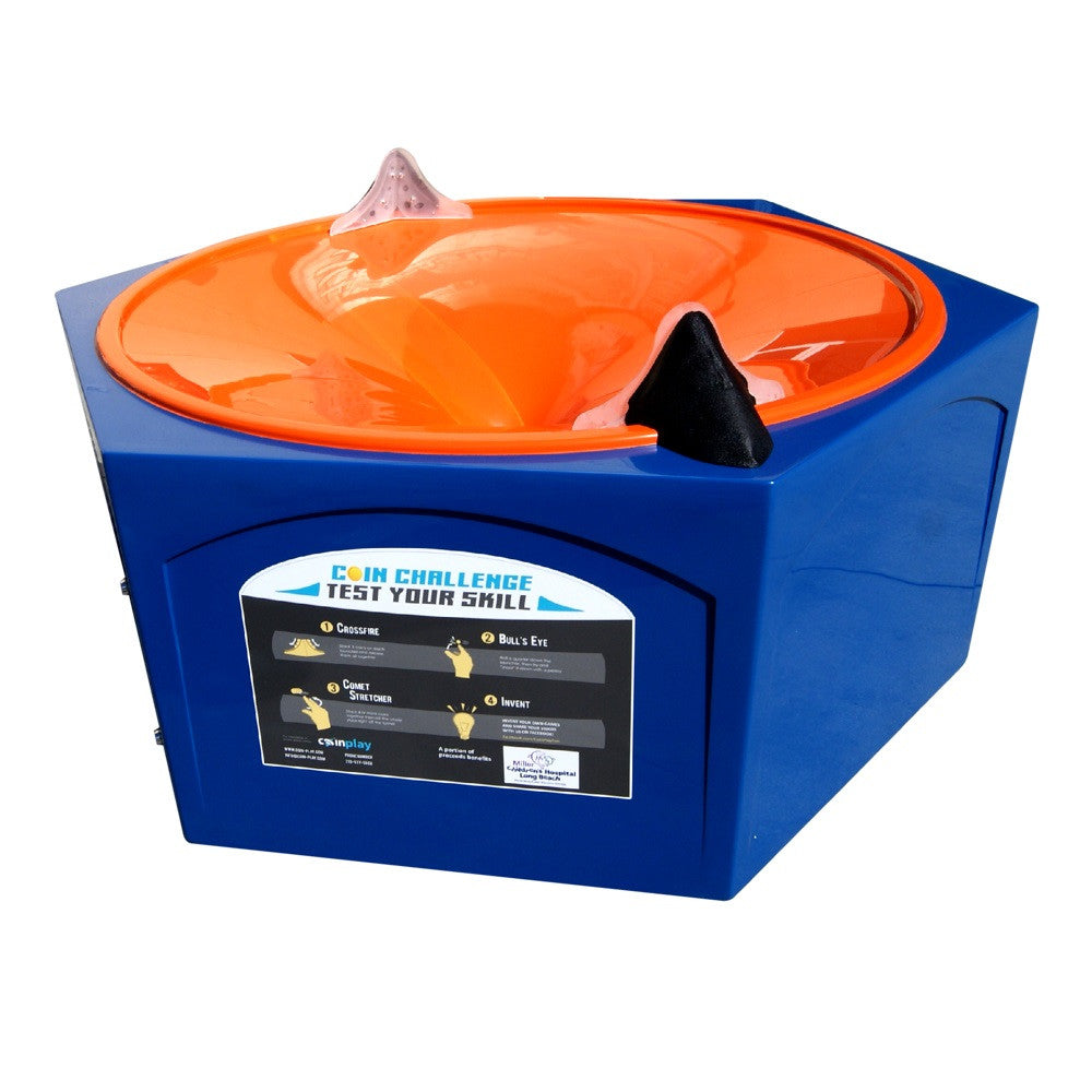 Coin Twister with blue base and red funnel