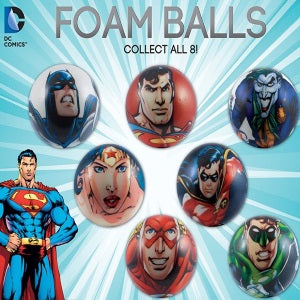 Display card for DC Comics inspired self-vending foam balls 