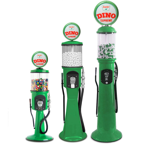 3 sizes of Sinclair Dino Supreme themed gas pump gumball machines