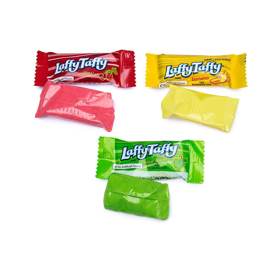 Close up of opened laffy taffy in cherry, apple, and sour apple flavors