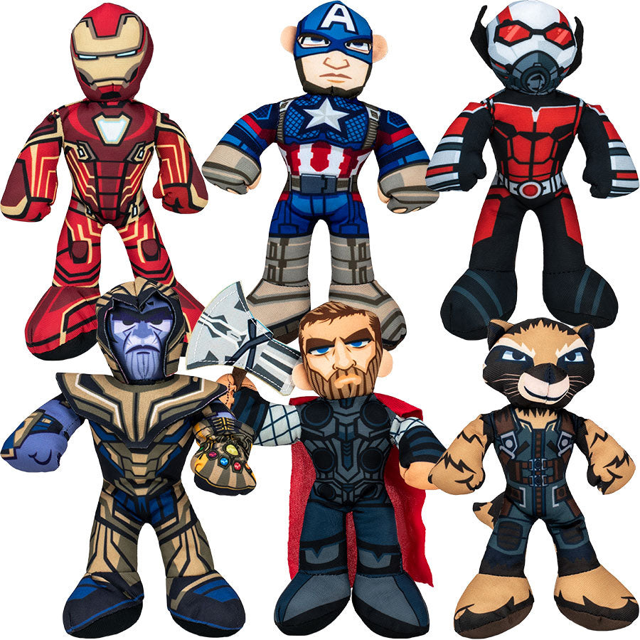 DC Comics 7" small plush dolls. Characters include: Captain America, Thanos, Rocket, Iron Man, Ant-Man, and Thor. Bulk 144 pieces.