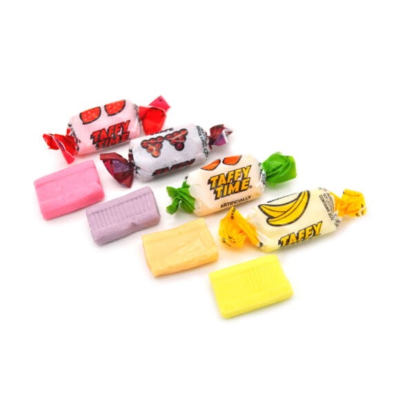 Close up view ot Taffy Time® chews in strawberry, grape, pineapple and banana