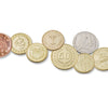 Various size tokens in a range of finishes: copper, brass, and nickel